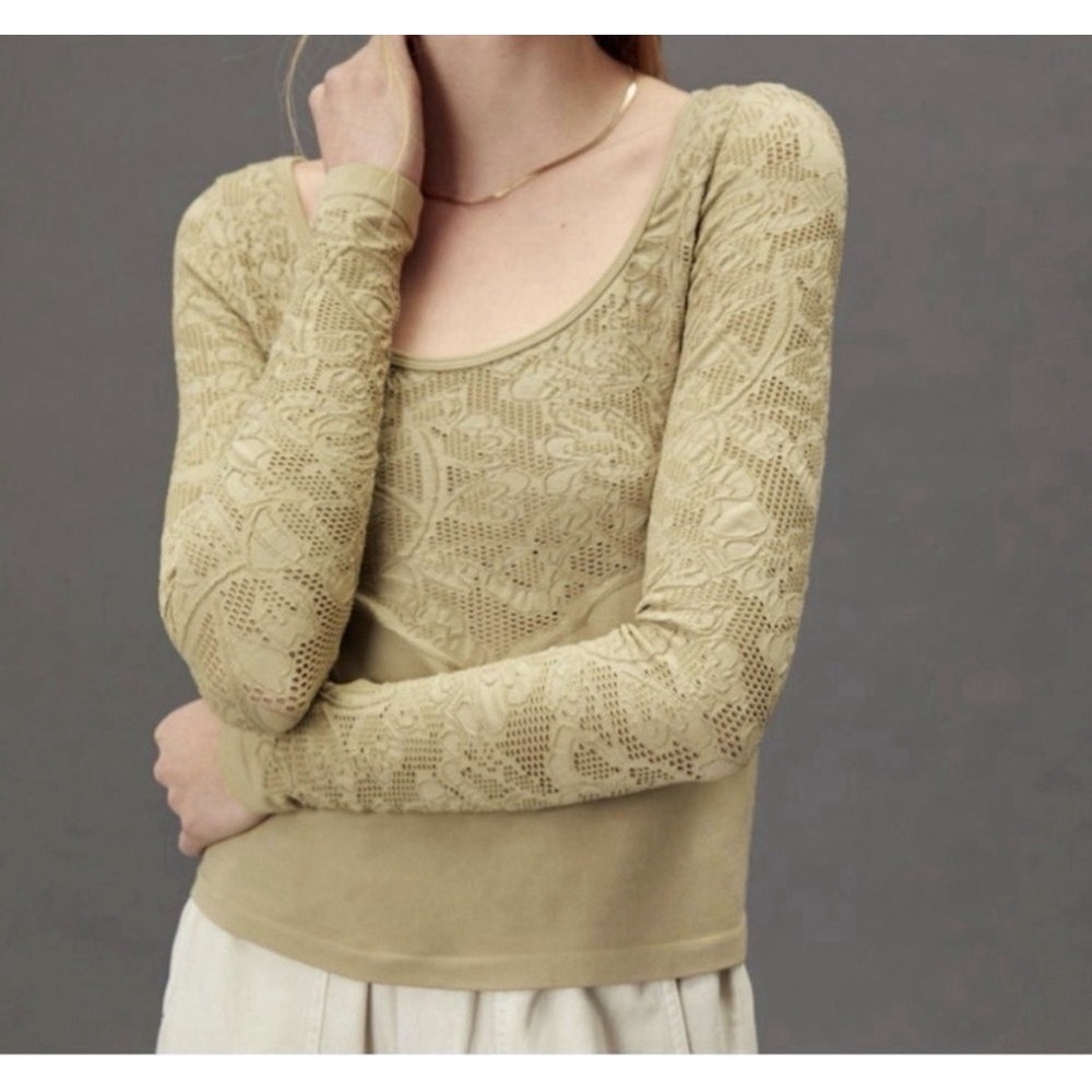 Anthropologie Top‎ Womens L Large Light Olive Perforated Lace Boat Neck Low Back